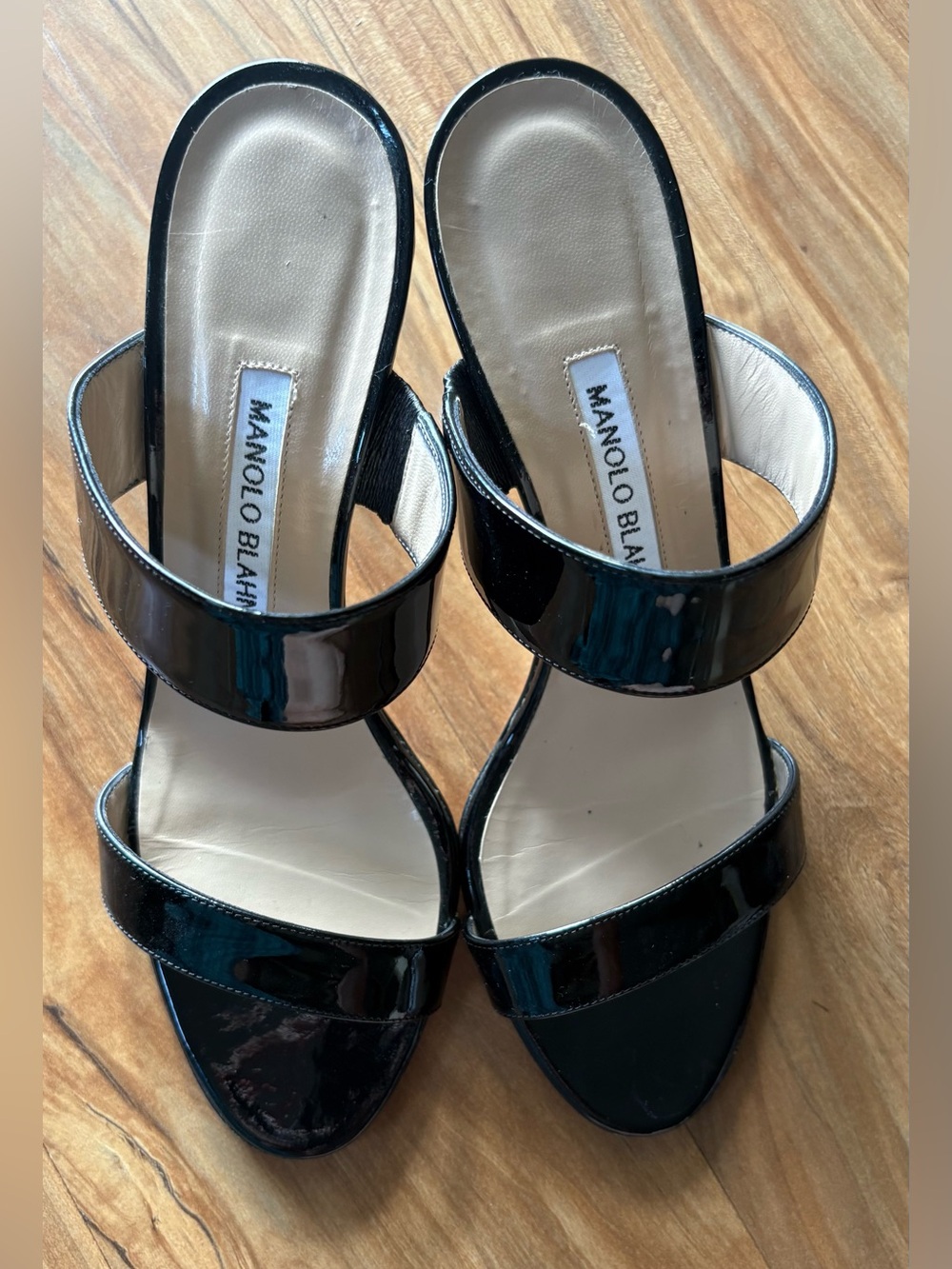 Manolo Blahnik Black Patent Leather Double-Band Slide Heels